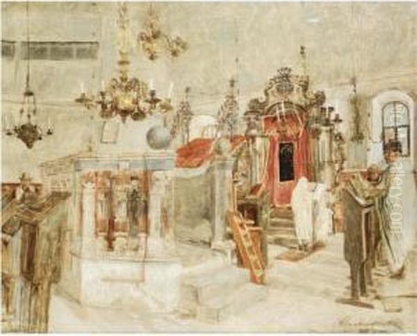 Synagogue Interior Oil Painting by Alexander Sochaczewski