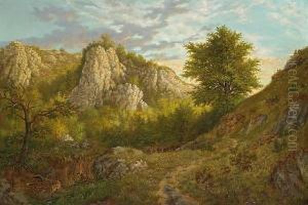 A Rocky Landscape With Trees Oil Painting by Andre Sodar