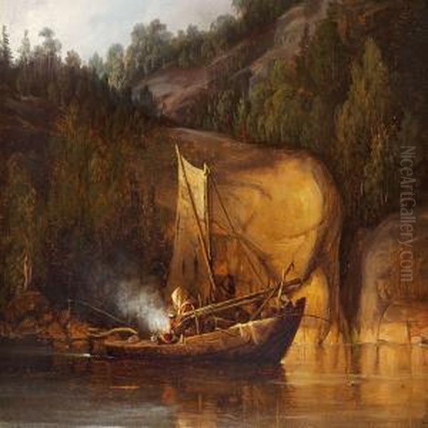 Nordic Landscape With A Sailing Boat On A River Oil Painting by Frederik Sodring