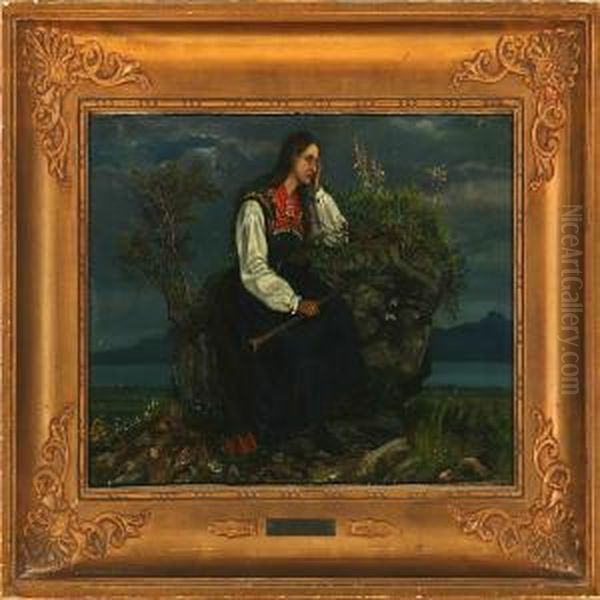 Norwegian Woman With A Wind Instrument Sitting On A Stone Oil Painting by Frederik Sodring