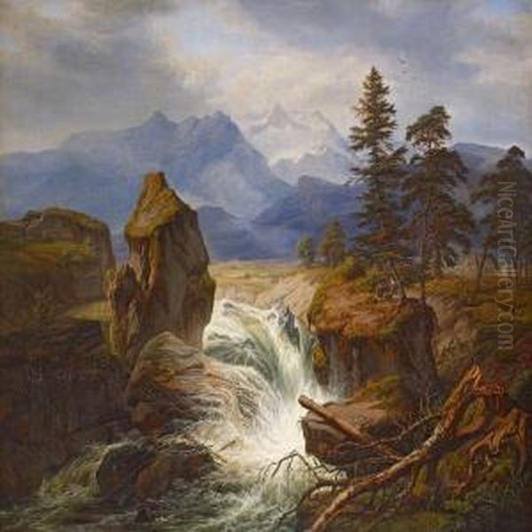 Scenery With Waterfall Oil Painting by Frederik Sodring