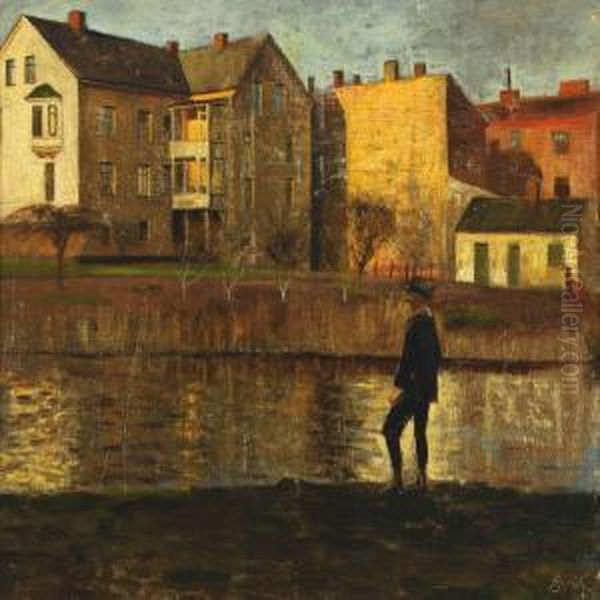 Autumn Scenery With Houses And A Man By A Lake Oil Painting by Axel Soeborg