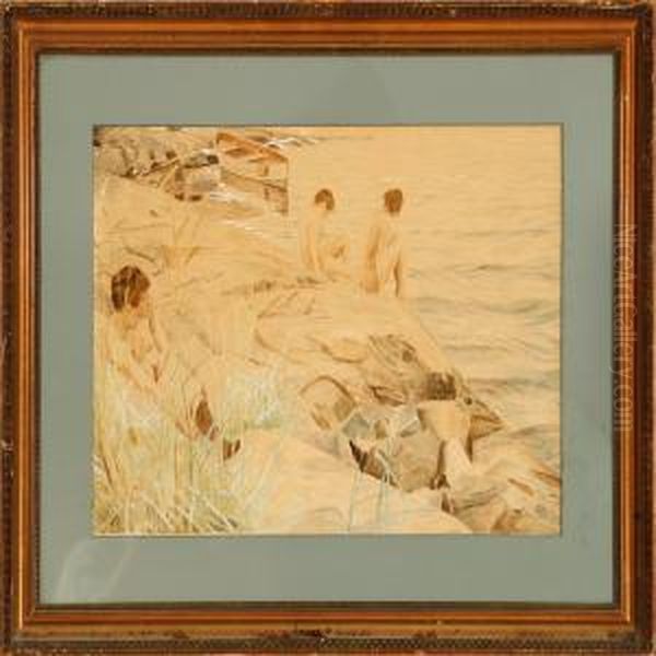 Three Naked Women On A Rock, Bornholm Island Oil Painting by Axel Soeborg