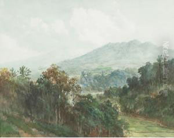 Overlooking An Indonesian River Landscape Oil Painting by Abdullah Soerjosoebroto