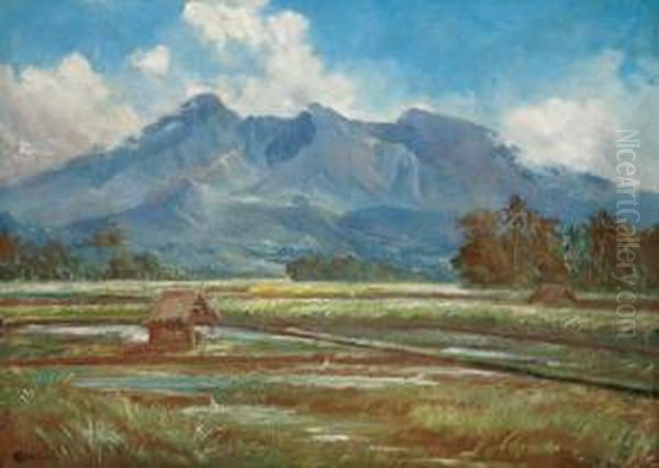 Landscape With A View Of A Massive Mountain Above Rice Fields Oil Painting by Abdullah Soerjosoebroto