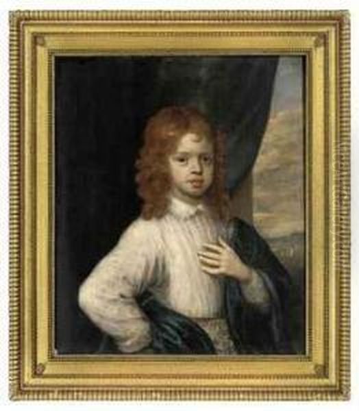 Portrait Of A Young Boy, Half-length, In A White Shirt And Bluewrap Oil Painting by Gerard Soest