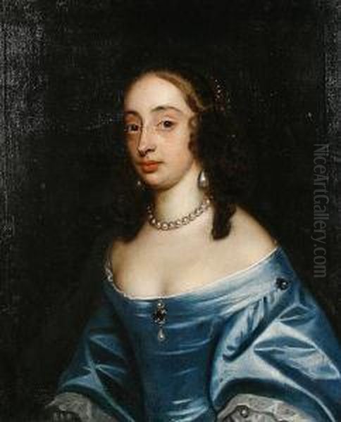 Portrait Of A Lady, Half-length, In A Blue Dress And Pearl Necklace Oil Painting by Gerard Soest