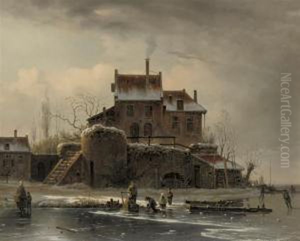 A Winter's Day On The Ice Near A Mansion Oil Painting by Theodoor Soeterik