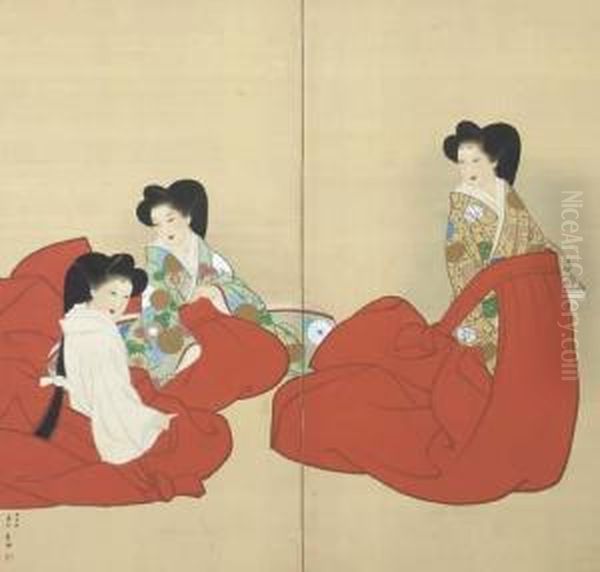 Three Court Ladies Oil Painting by Yamaguchi Soken