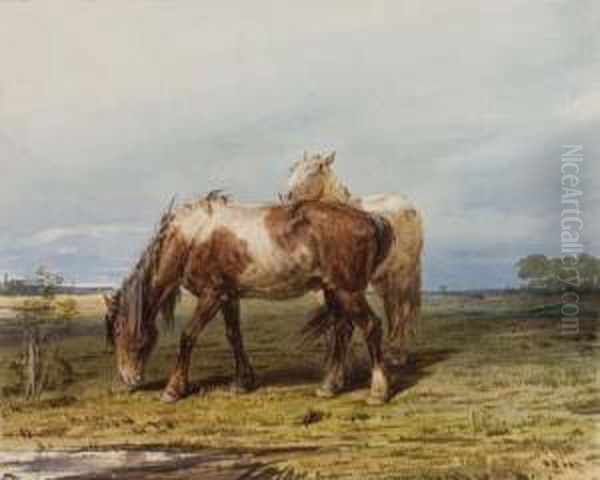 Two Horses In A Field Oil Painting by Pyotr Fyodorovich Sokolov