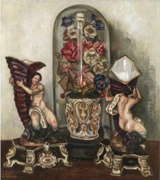 Bodegon (still Life Of Flowers In A Glass Dome And Ornaments) Oil Painting by Jose Gutierrez Solana