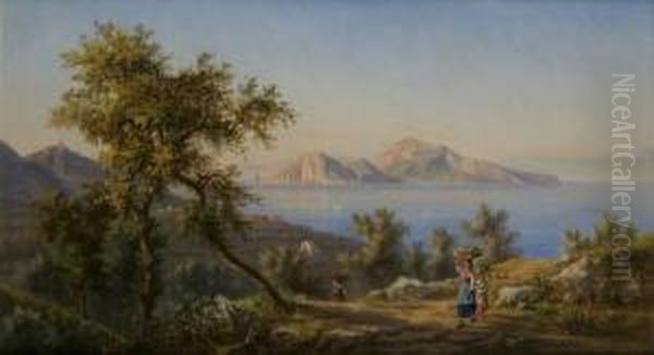 Veduta Di Capri Da Massa Lubrense Con Giovani Portatrici Di Limoni Oil Painting by Achille Solari