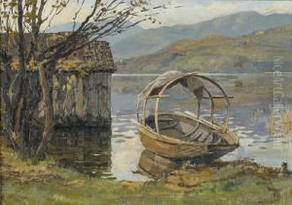 Herbstliche Seeuferpartie Mit Boot. Oil Painting by Achille Solari