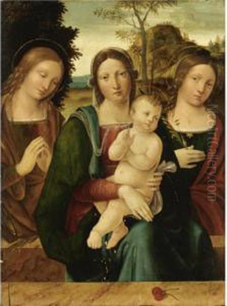 Madonna Col Bambino Tra Santa Caterina D'alessandria E Santa Lucia Oil Painting by Antonio Solario Lo Zingaro