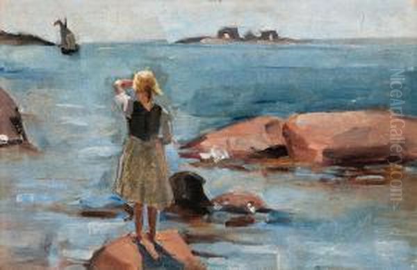 A Girl On The Cliffs In Hanko Oil Painting by Venny Soldan-Brofelt