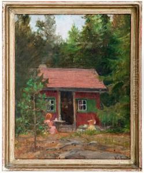 Ared Cabin Oil Painting by Venny Soldan-Brofelt