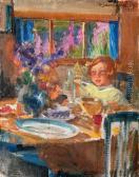 Agirl At Table Oil Painting by Venny Soldan-Brofelt