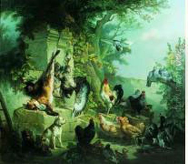 Trophees De Chasse Dans Une Basse-cour Gardes Par Des Chiens Oil Painting by Alexandre Solde