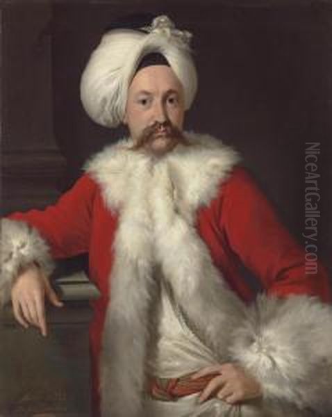 Portrait Of A Gentleman, Possibly Richard Salwey, Half-length, In A Fur-trimmed Red Coat And A Turban Oil Painting by Andrea Soldi