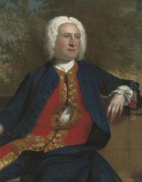 Portrait Of A Gentleman, Three-quarter-length, Seated, In A Navy Coat And Red Waist-coat With Gold Frogging, By A Stone Wall, In A Landscape Oil Painting by Andrea Soldi