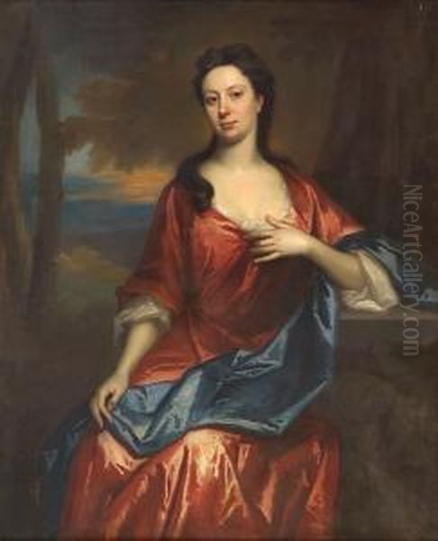 A Portrait Of A Lady, Three-quarter-length, In A Red Dress Oil Painting by Andrea Soldi