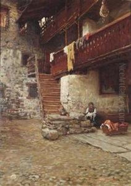 Farmhouse Courtyard With Decorative Figures Oil Painting by Arnoldo Soldini