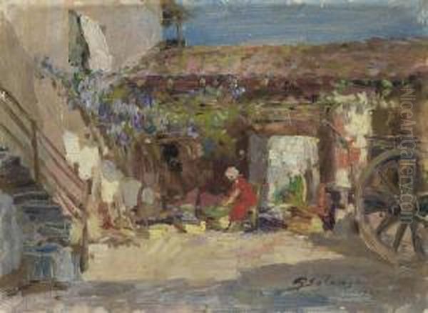 In The Courtyard; Lady In A Garden Oil Painting by Giuseppe Solenghi