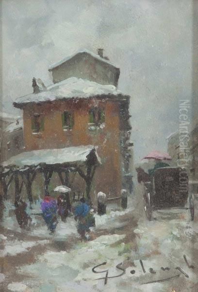 Viale Innevato Con Carrozza E Figure Oil Painting by Giuseppe Solenghi