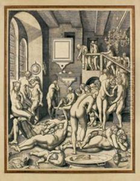 Un Bain Rempli D'hommes, De Femmes Et D'enfants Dit La Societe Des Anabaptistes, Burin D'apres H. Aldegrever, 338 X 285 Mm, Filet De Marge (bartsch 265, New Hollstein 205), Belle Et Rare Epreuve, Filigrane : Echelle Dans Un Cercle. Cadre. Oil Painting by Virgil Solis