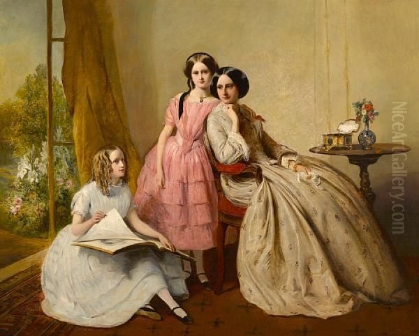 A Portrait Of Two Girls With Their Governess Oil Painting by Abraham Solomon