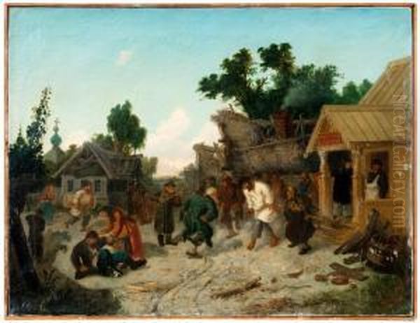 Jolly Life Near The Pub Oil Painting by Leonid Ivanovic Solomatkin