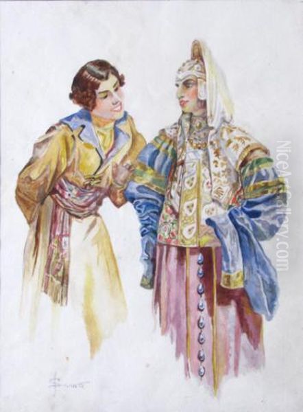 Two Figures In Period Costumes Oil Painting by Sergei Sergeevich Solomko