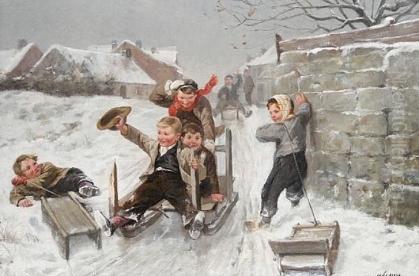 Winter Scene With Boys Sledging Downhill Oil Painting by Louis Somers