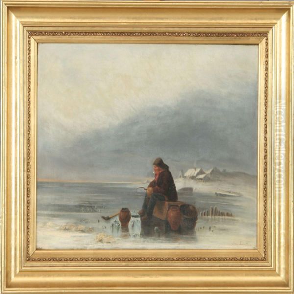 A Winter Scenery With Fisherman Oil Painting by Louis Jean Somers