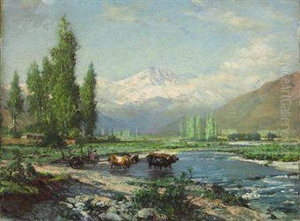 A Farmer And Oxen Fording The Aconcagua River Oil Painting by Thomas Jacques Somerscales