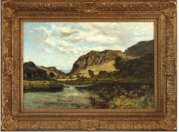 River Scene Mountains In Distance Oil Painting by Richard Gay Somerset