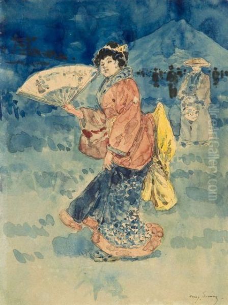 Japonaise A L'eventail Ouvert Et Japonaise A L'eventail Ferme Oil Painting by Henry Somm