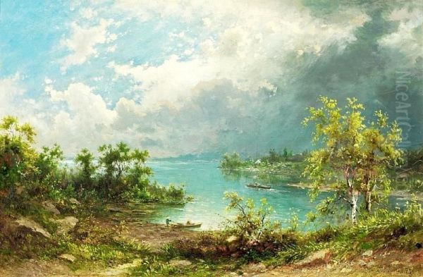 Landscape With Lake And Boats. Signed Sommer Oil Painting by Carl August Sommer