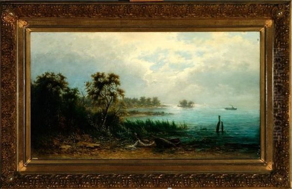 Carl August Sommer: An Evening Scenery From The Hudson River. Signed C. A. Sommer Oil Painting by Carl August Sommer