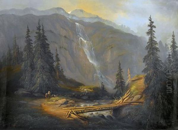 Gebirgspartie Mit Hirten Und Wasserfall Oil Painting by Ferdinand Sommer