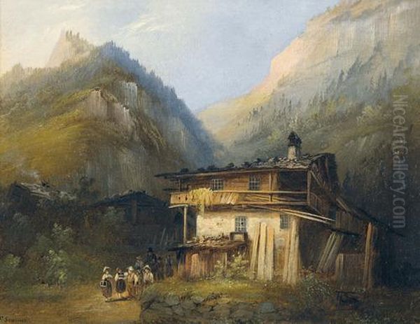 Sommerliche Bergpartie Mit Bauernhaus Und Schulkindern Oil Painting by Ferdinand Sommer