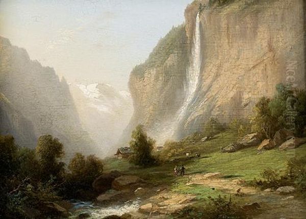 Die Staubbachfalle Im Lauterbrunnental. Oil Painting by Ferdinand Sommer