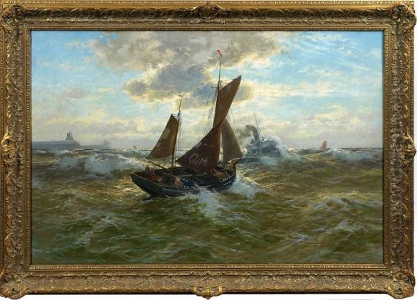 Fischerboot Und Schlepper An Sturmischer Kuste Oil Painting by Georg Sommer