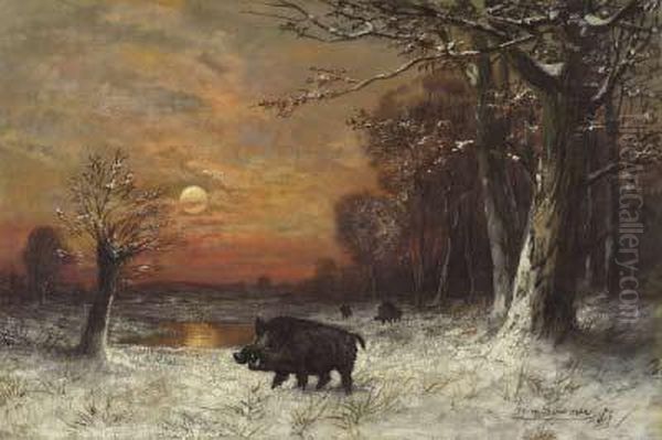 Abendstimmung Uber Winterlandschaft Mit Einer Rotte Sauen Oil Painting by Georg Sommer