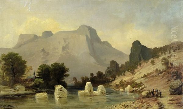 Ansicht Eines Gebirgssees Mit Wanderern Am Ufer Oil Painting by Johann Sommer