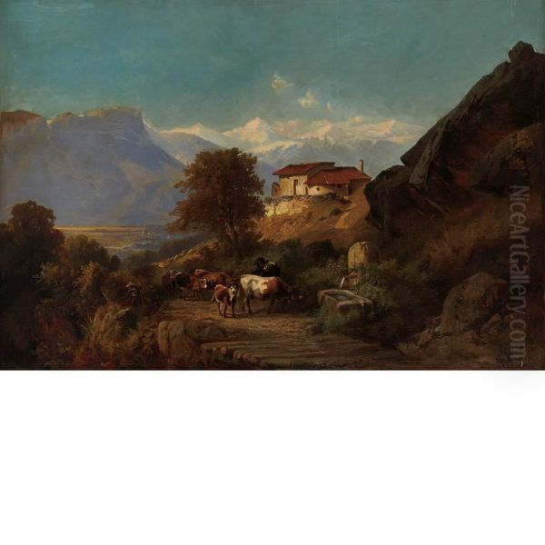 Drover And Cattle Along An Alpine Road Oil Painting by Otto Sommer