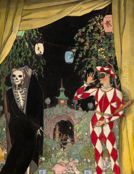 Harlequin And Death Oil Painting by Konstantin Andreevic Somov