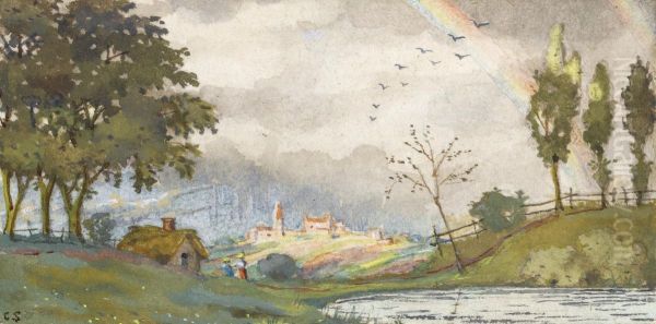 Landscape With Rainbow Oil Painting by Konstantin Andreevic Somov