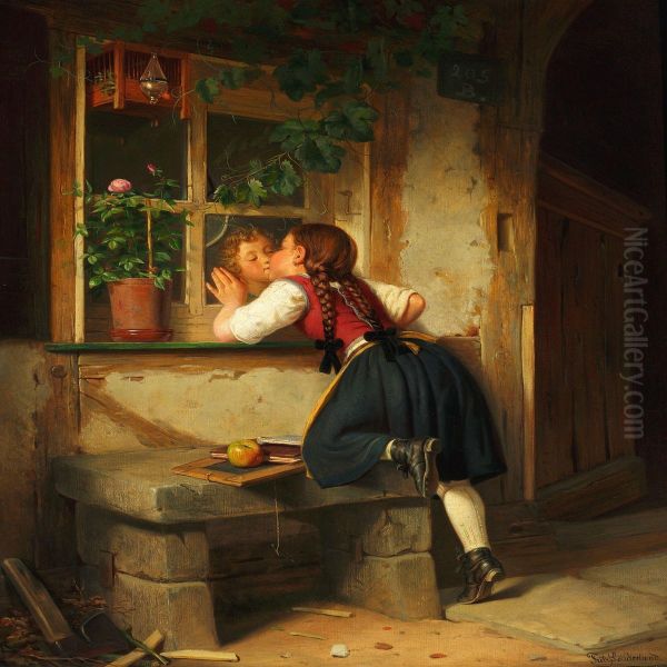 A Boy And Girl Kissing In Secret On A Window Pane Oil Painting by Fritz Sonderland