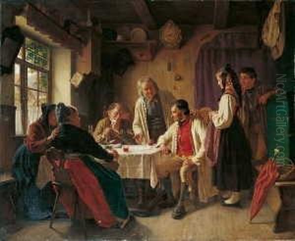 Der Heiratskontrakt In Einer
 Westfalischen Bauernstube.

 Signiert Und Datiert Unten Rechts: H. Oil Painting by Hermann Sondermann